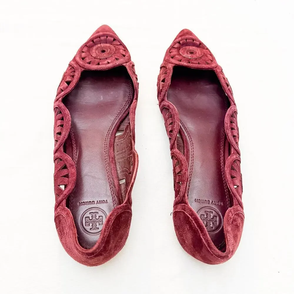 Tory Burch Leyla Laser-Cut Suede Flats Pointy Toe Red Burgundy Shoes Size 10